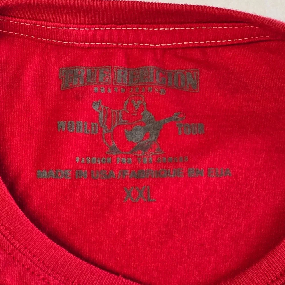 True Religion Mens Red Crackle Print Horseshoe Logo Graphic‎ T-Shirt XXL Y2K 90s